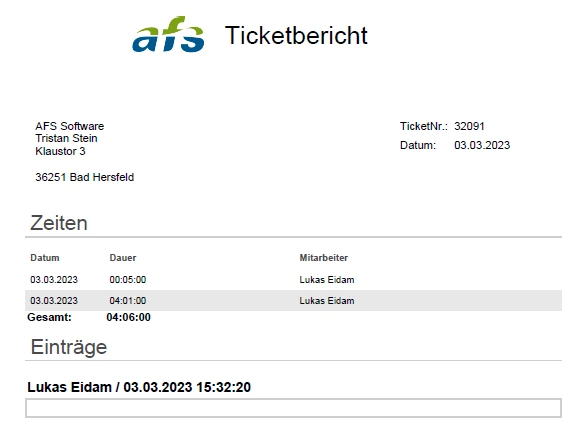 Ticketsystem - Ticketbericht