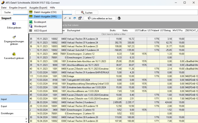 AFS DateV-Schnittstelle Hauptansicht