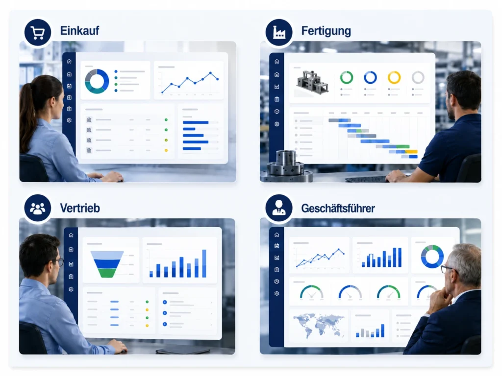 Produktionsplanungssoftware & PPS-System Moderne Unternehmens-Dashboard-Infografiken